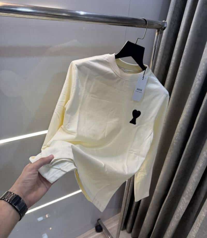 Ami Paris Cream Patch Logo Premium Full Sleeve T-Shirt