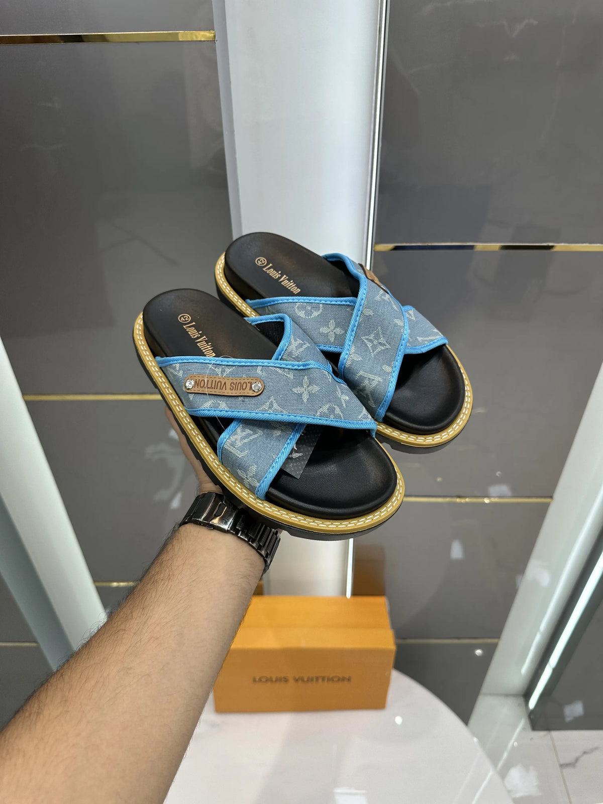 Louis_Vuitoon Cross Denim Blue Slide