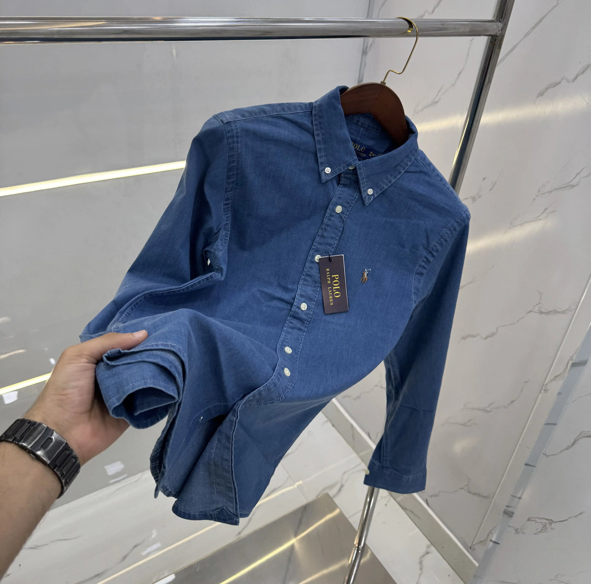 Ralph Lauren Dark Blue Embroidery Logo Premium Denim Shirt