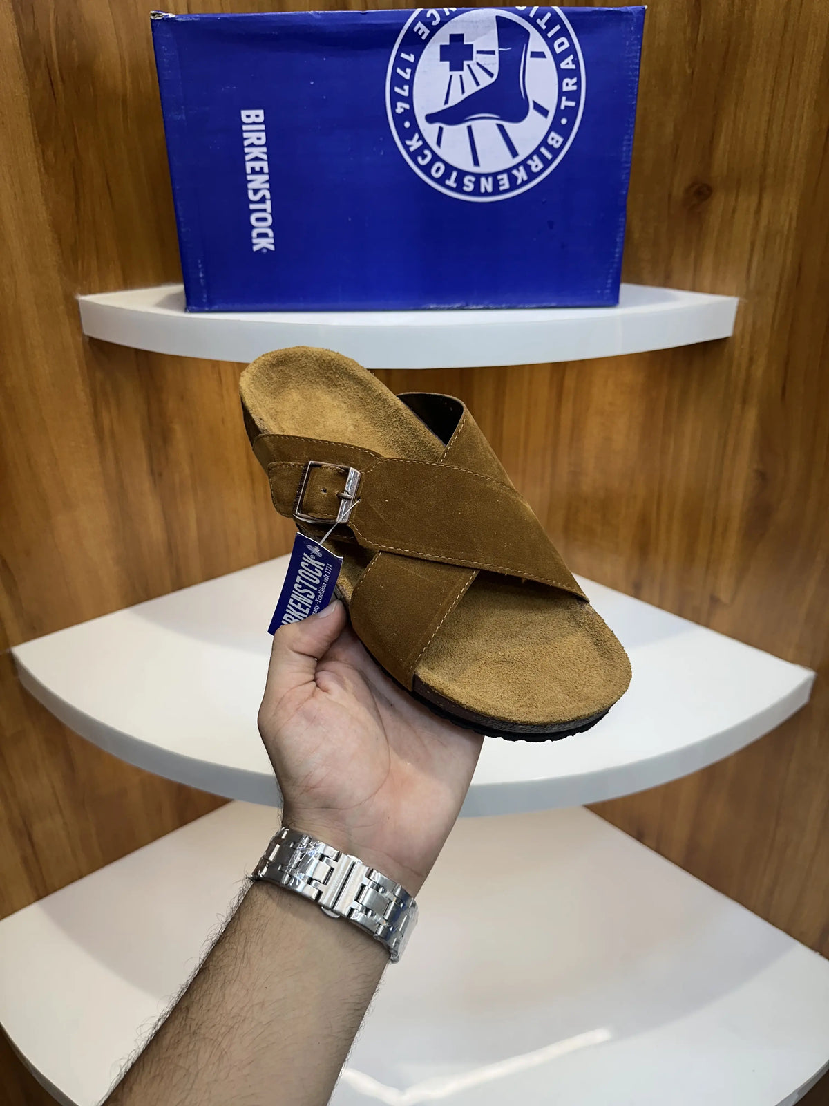 Birkenstock_Tan Cross Arizona Suede Leather Slide