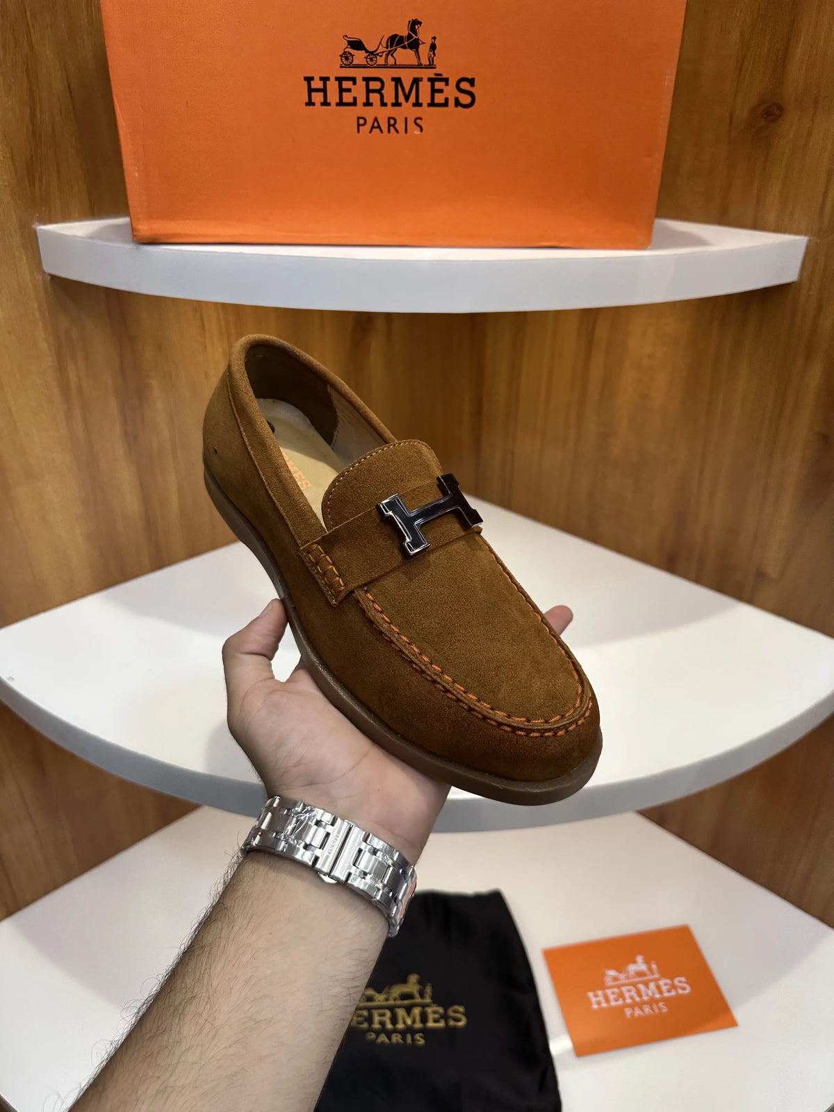 Herms_Tan Premium Suede Leather Formal Loafers
