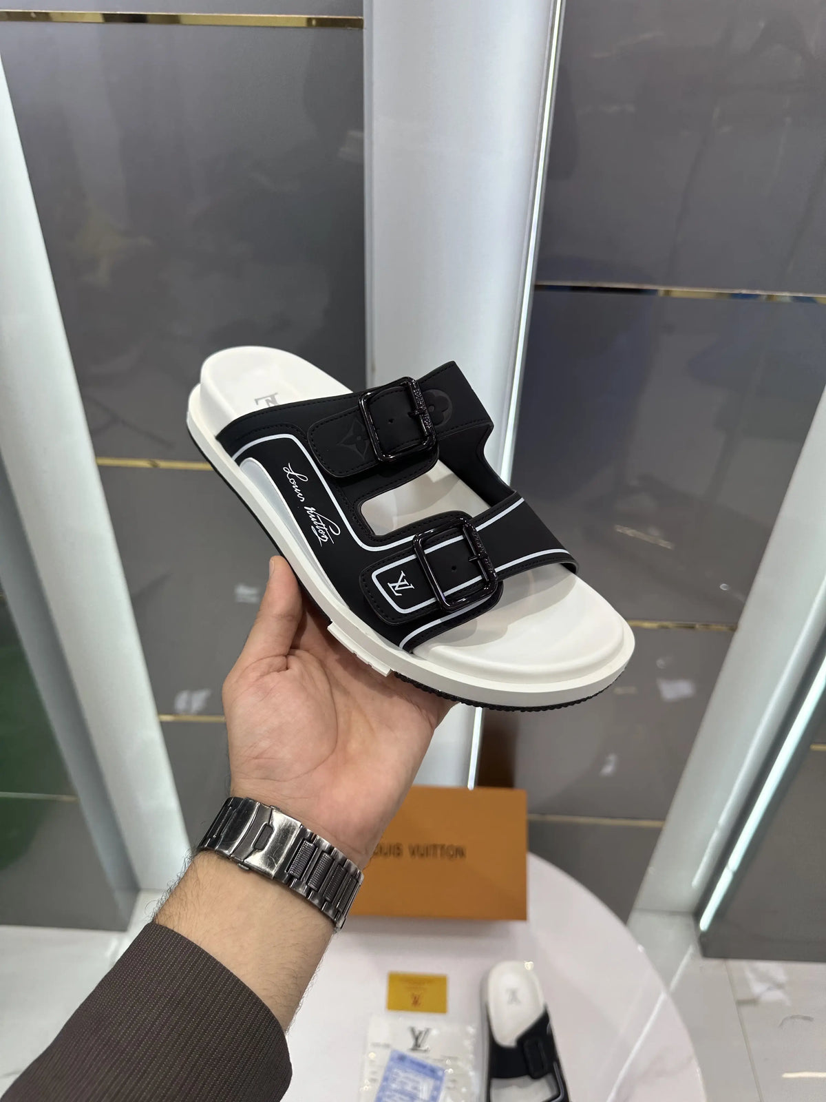 Louis_Vuitton_Black White Double Lock Premium Slide