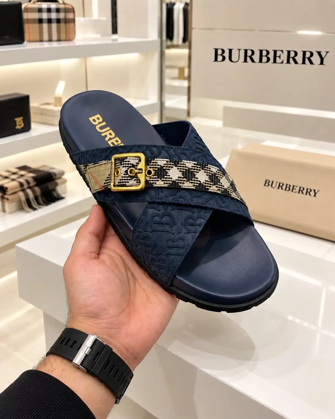 Burberry_Blue Cross Premium Monogram Luxury Slide For Men