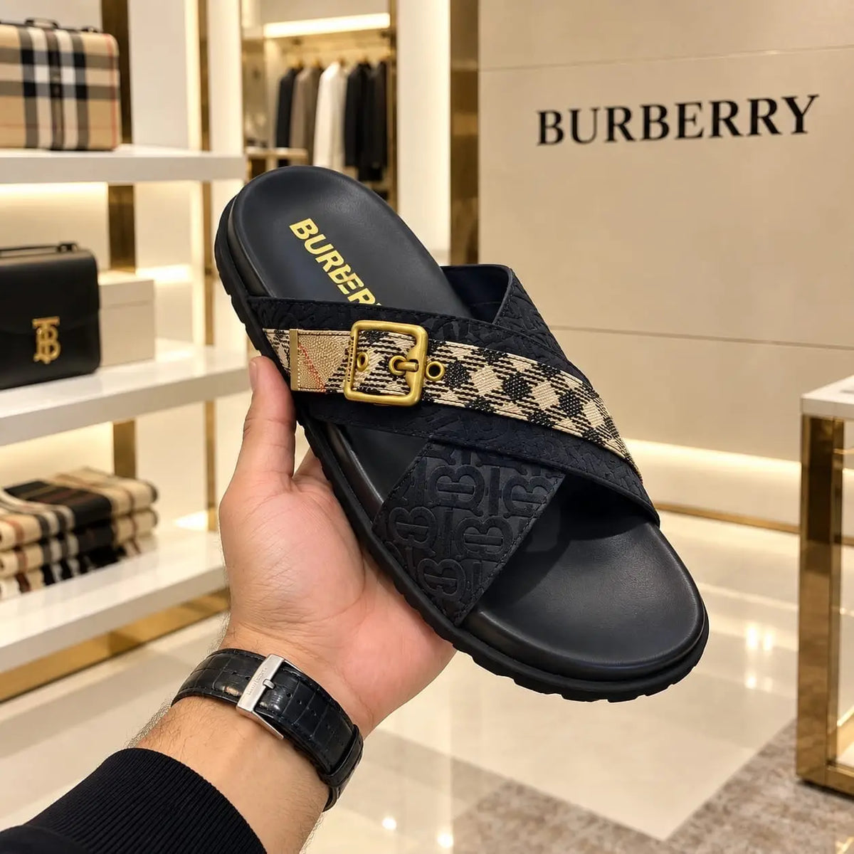Burberry_Black Cross Premium Monogram Luxury Slide For Men
