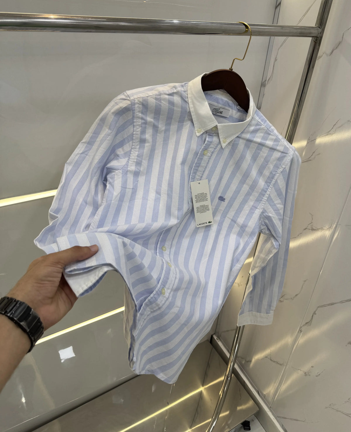 Lacost e Sky Blue strips Embroidery Logo Premium Oxford Shirt