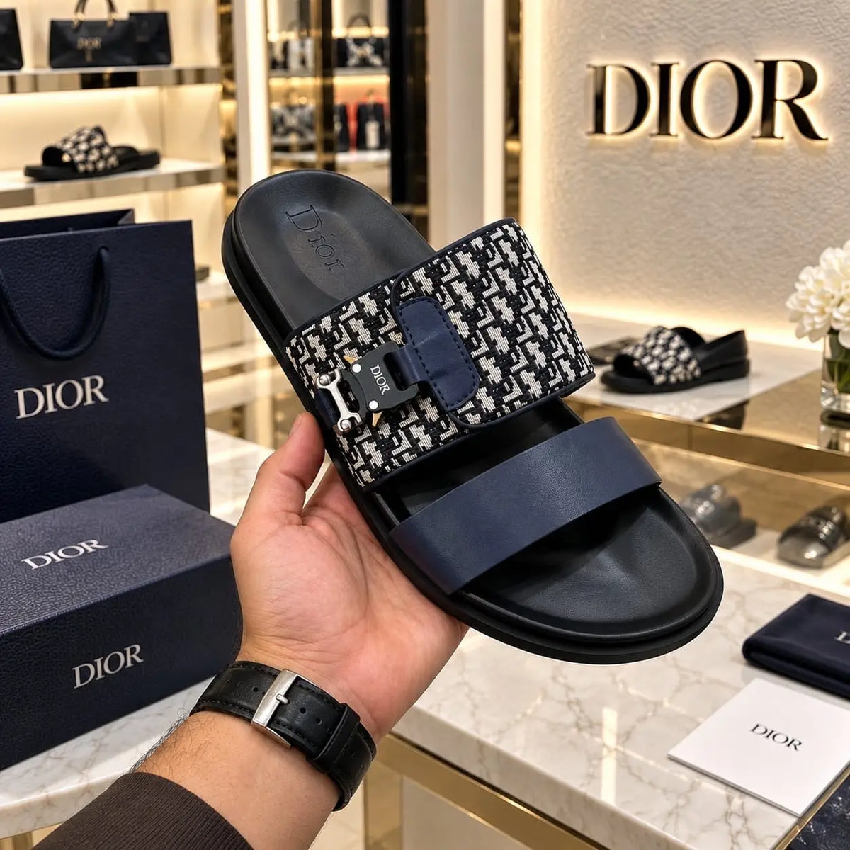 Dior_Aqua Oblique Jacquard Pattern Luxury Slide