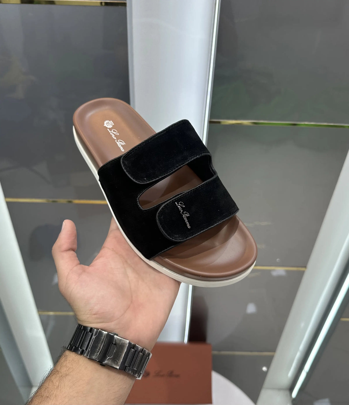 Loro_Piana Brown Black Double Strap Luxury Slide