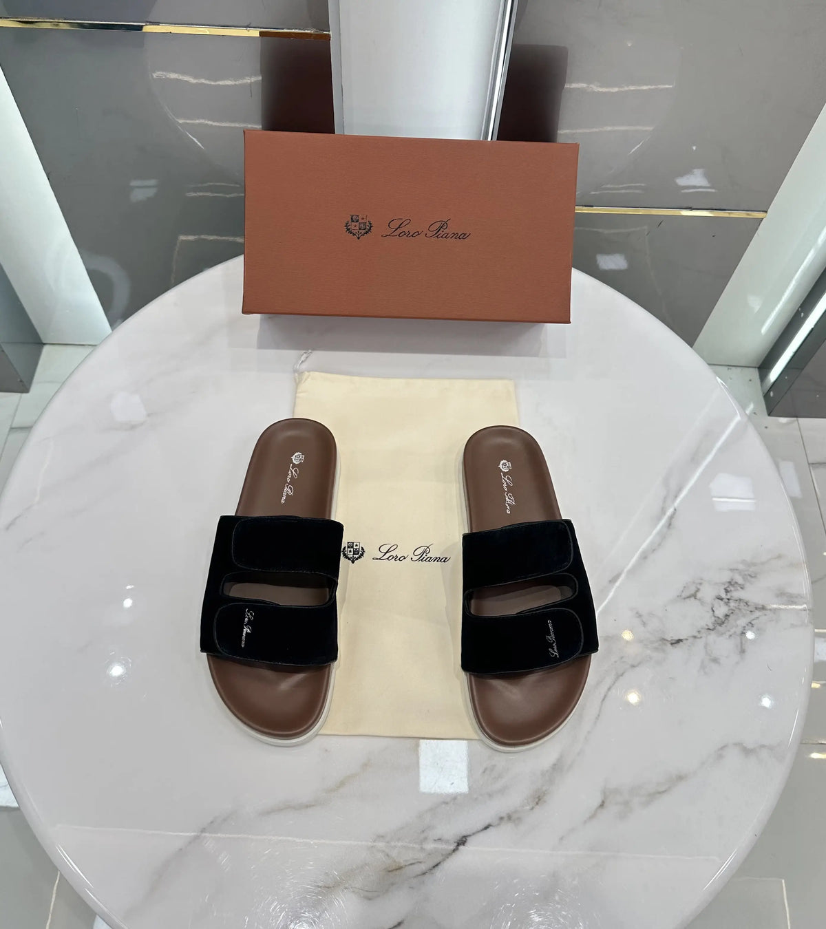 Loro_Piana Brown Black Double Strap Luxury Slide