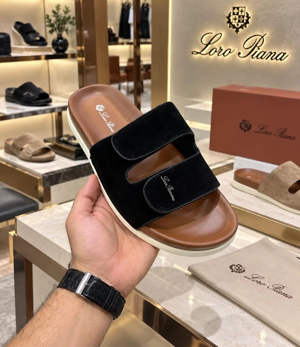 Loro_Piana Brown Black Double Strap Luxury Slide
