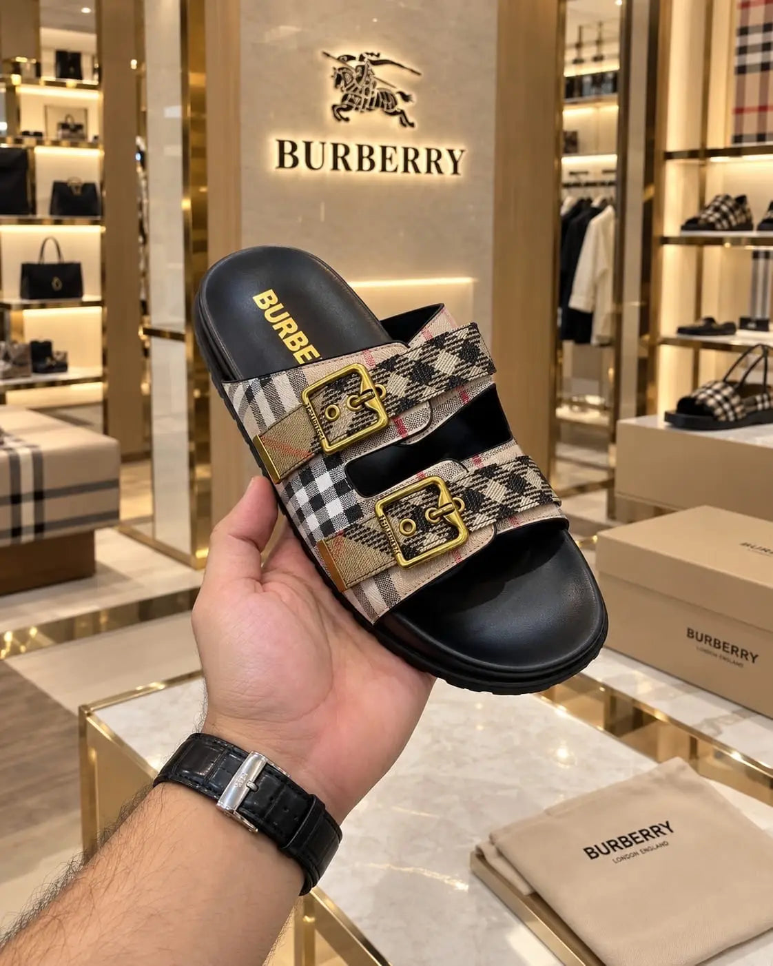 Burberry_Beige Cross Premium Monogram Luxury Slide For Men