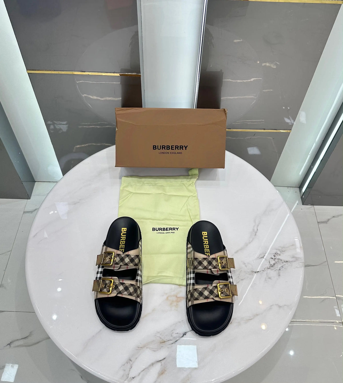 Burberry_Beige Cross Premium Monogram Luxury Slide For Men