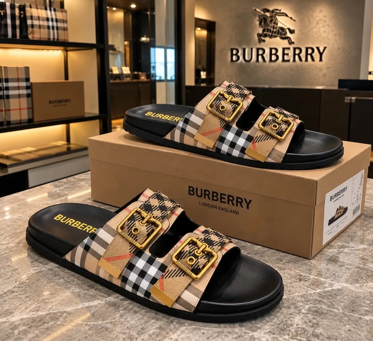 Burberry_Beige Cross Premium Monogram Luxury Slide For Men