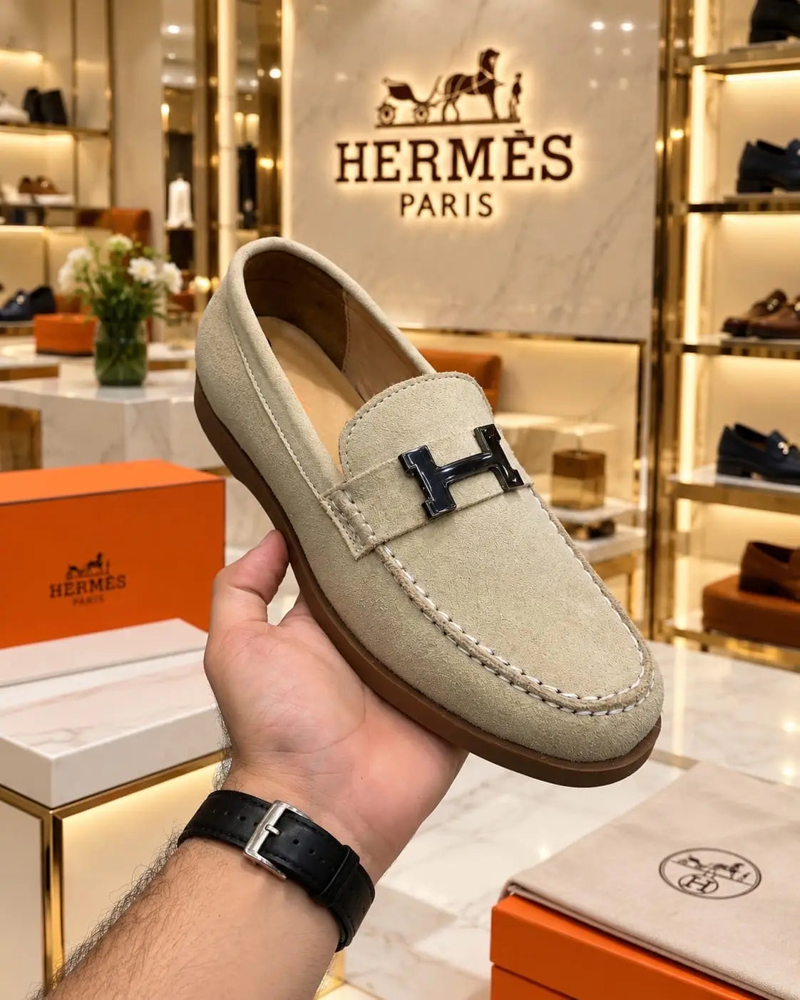 Hermes_Beige Premium Suede Leather Formal Loafers