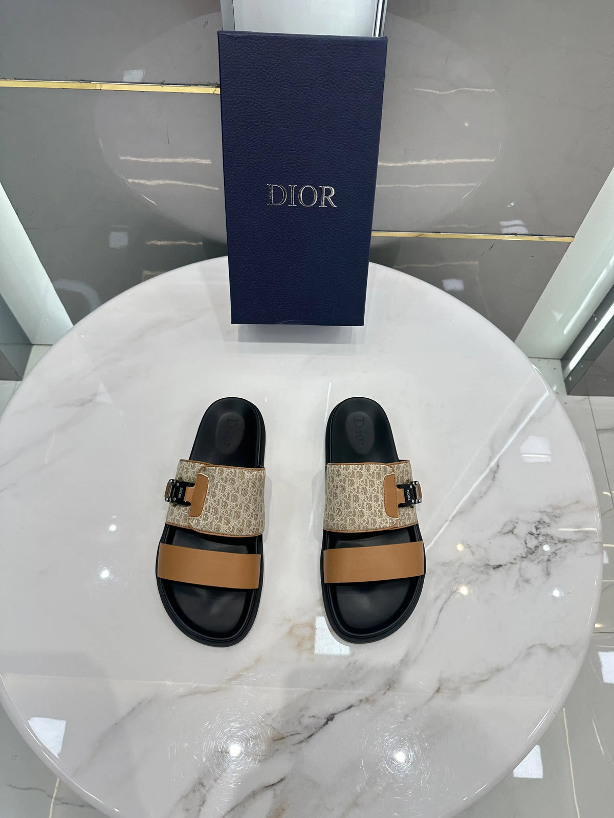Dior_Beige Oblique Jacquard Pattern Luxury Slide