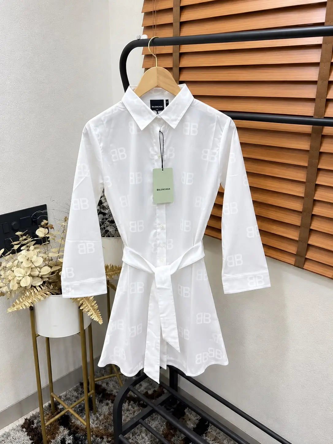 Balenciag_a Imported Silk Fabric Self MonograM Print Premium Belted Dress For Women