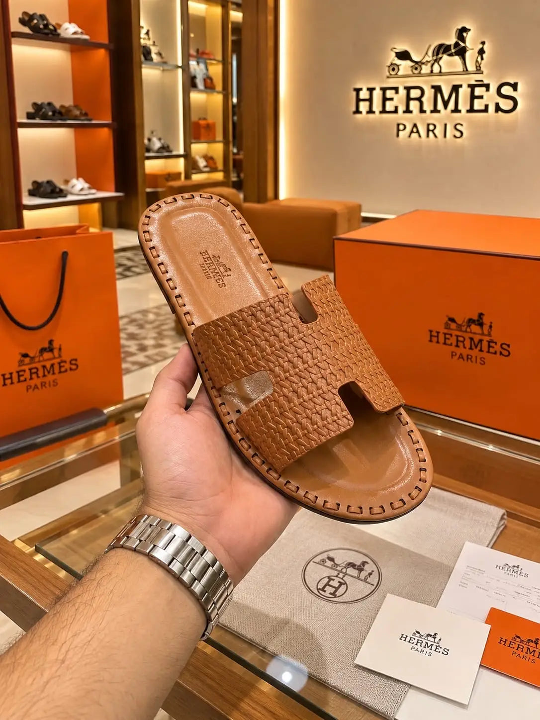 Hermes_Tan Woven Textured Premium Luxury Slide For Men