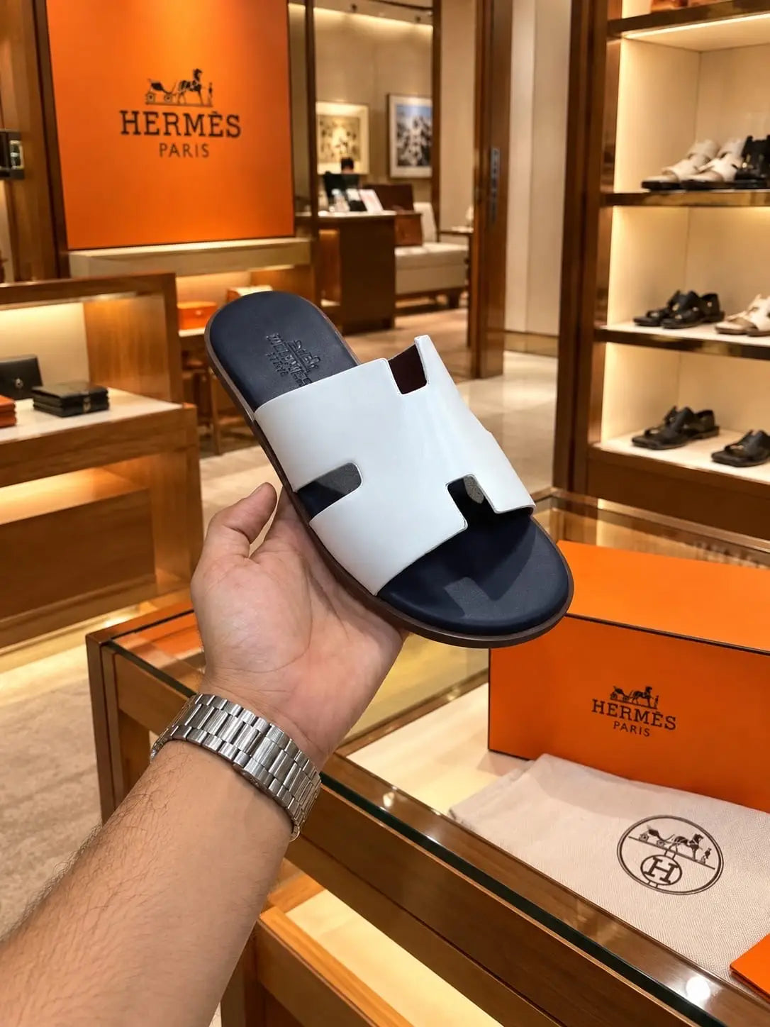Hermes_Blue White Izmir Premium Luxury Slide For Men