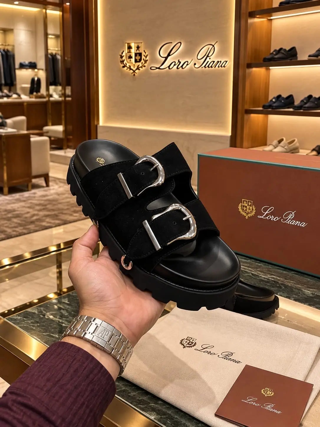Loro_Piana Black Double Strap Luxury Slide