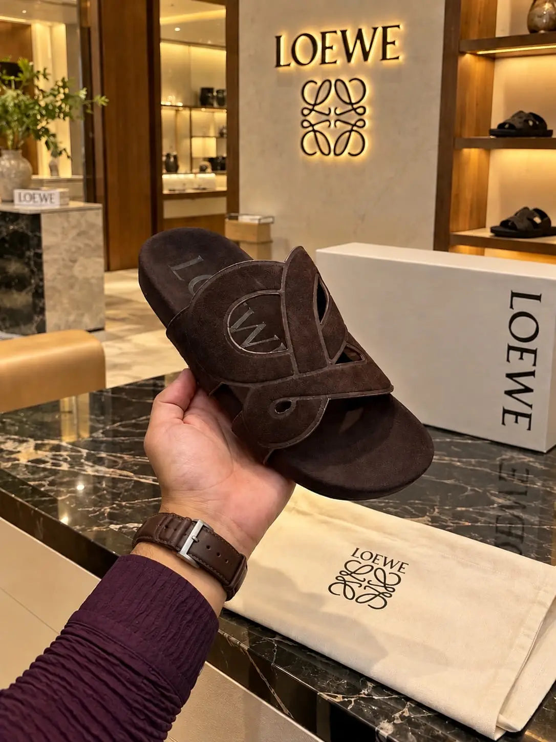 Loewe_Brown Suede Premium Luxury Slide For Men