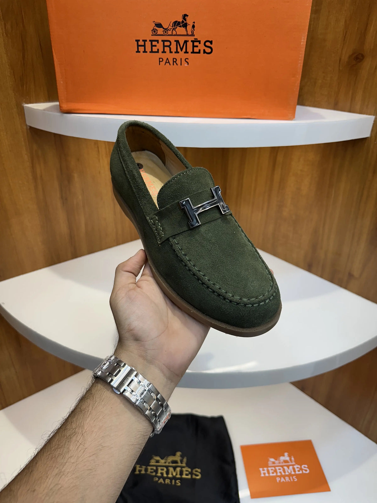 Hermes_Olive Premium Suede Leather Formal Loafers