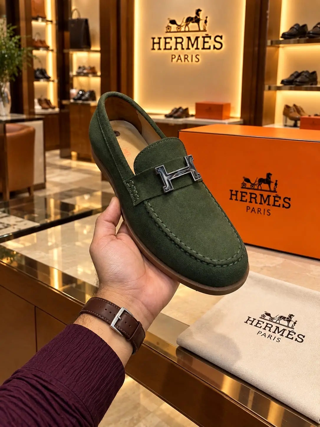 Hermes_Olive Premium Suede Leather Formal Loafers