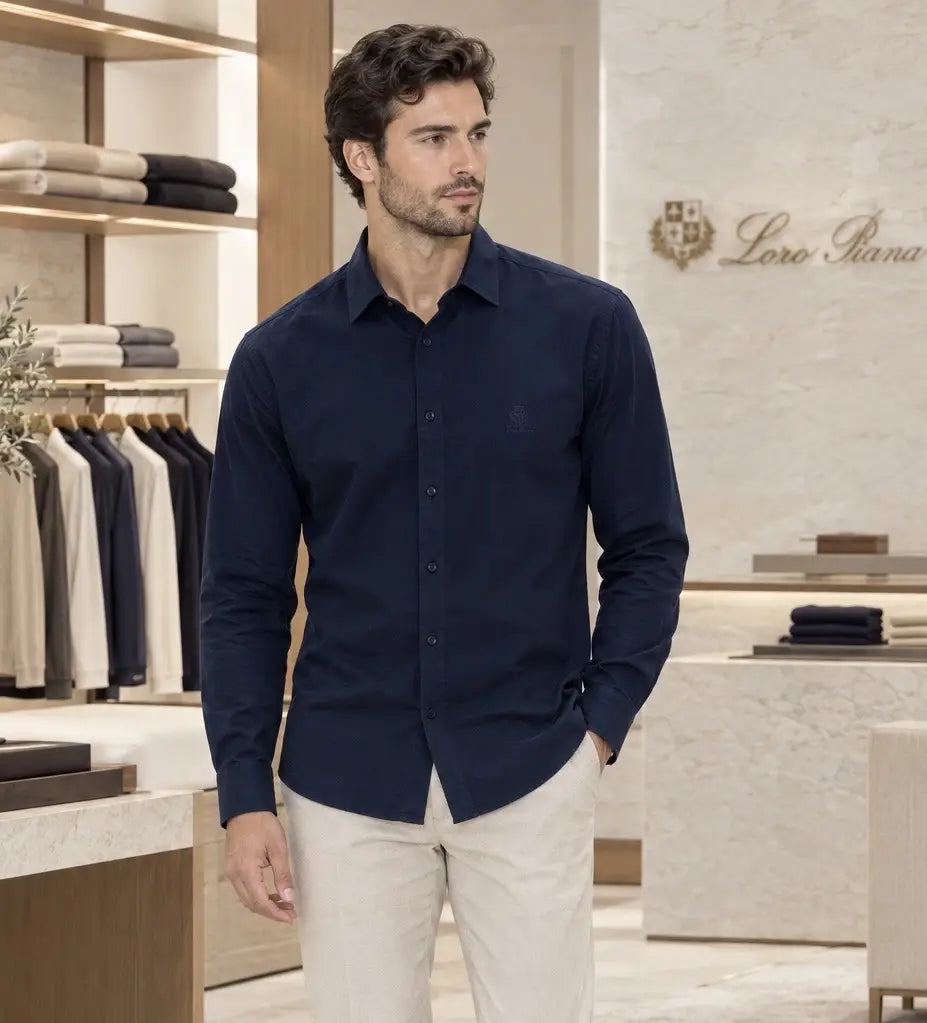 Loro Piana Blue Embroidery Logo Work Premium Shirt