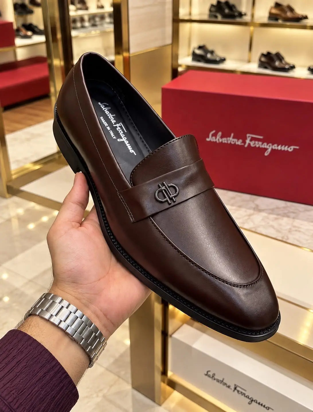 Salvatore_Ferragamo Brown Metal Logo Premium Leather Loafers