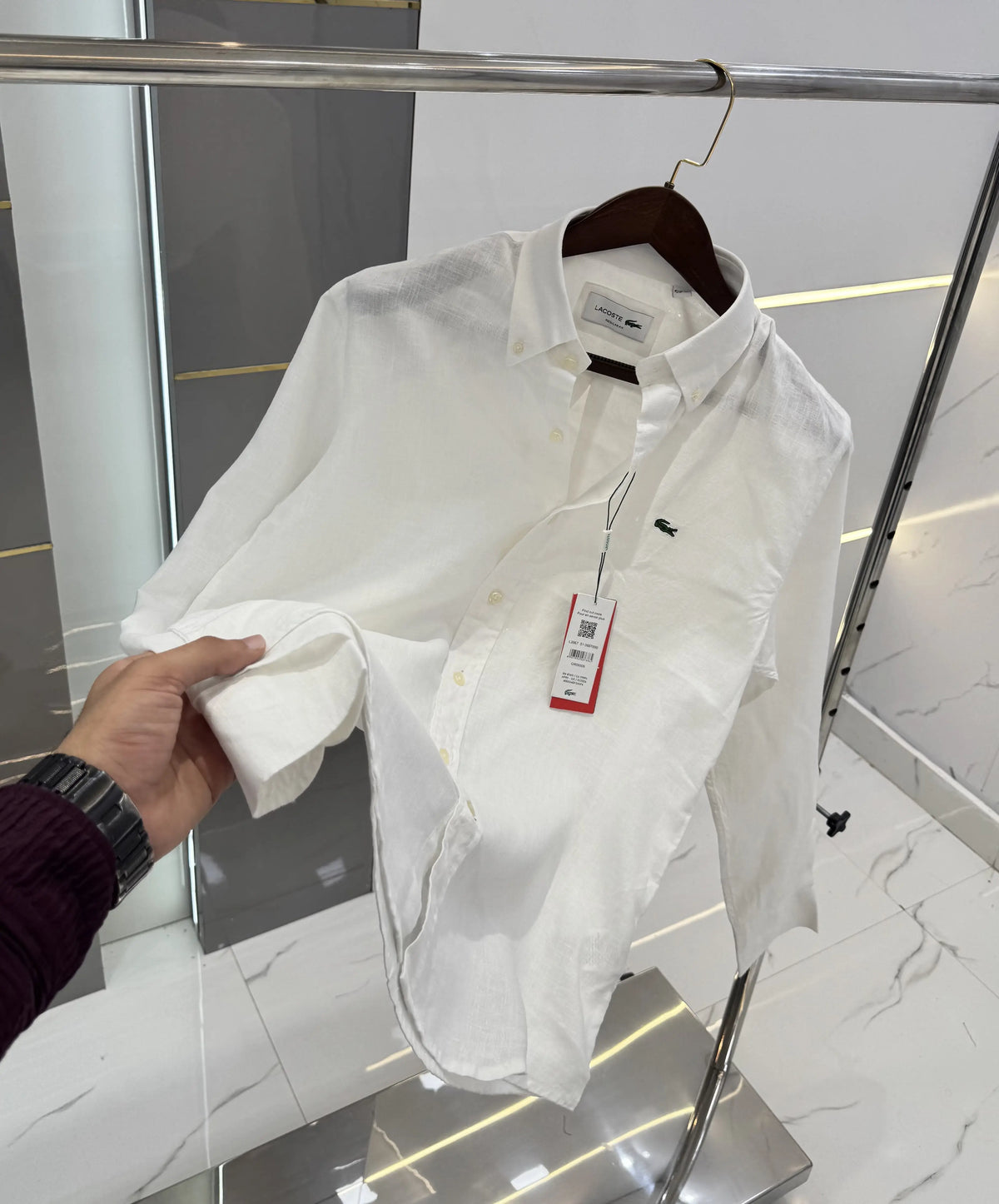Lacost e White Embroidery Logo Premium Linen Shirt