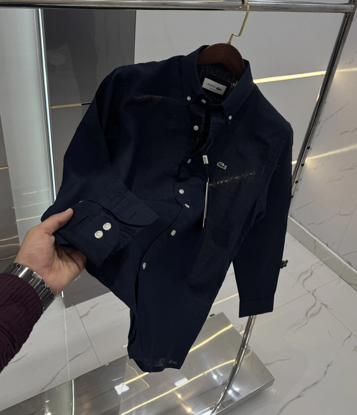 Lacost e Navy Blue Embroidery Logo Premium Linen Shirt