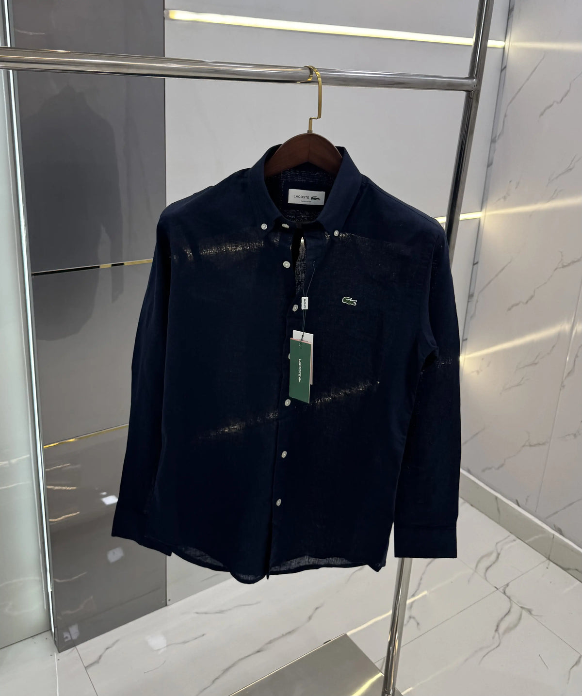 Lacost e Navy Blue Embroidery Logo Premium Linen Shirt