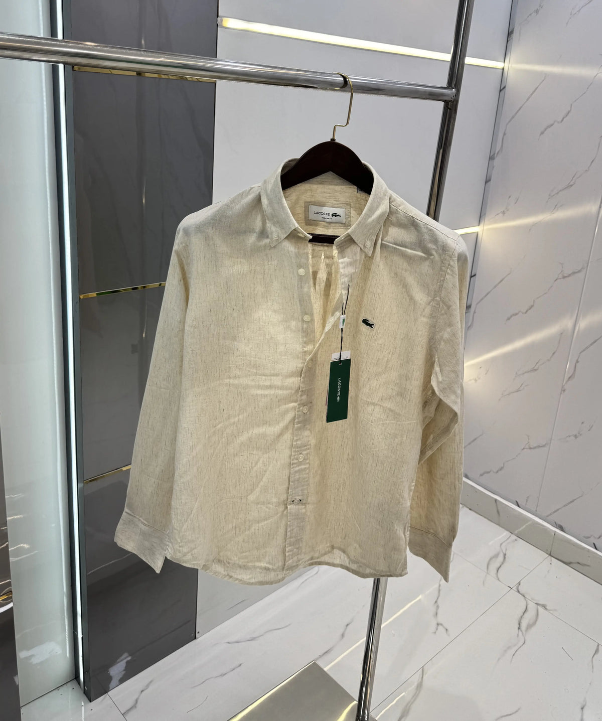 Lacost e Cream Embroidery Logo Premium Linen Shirt