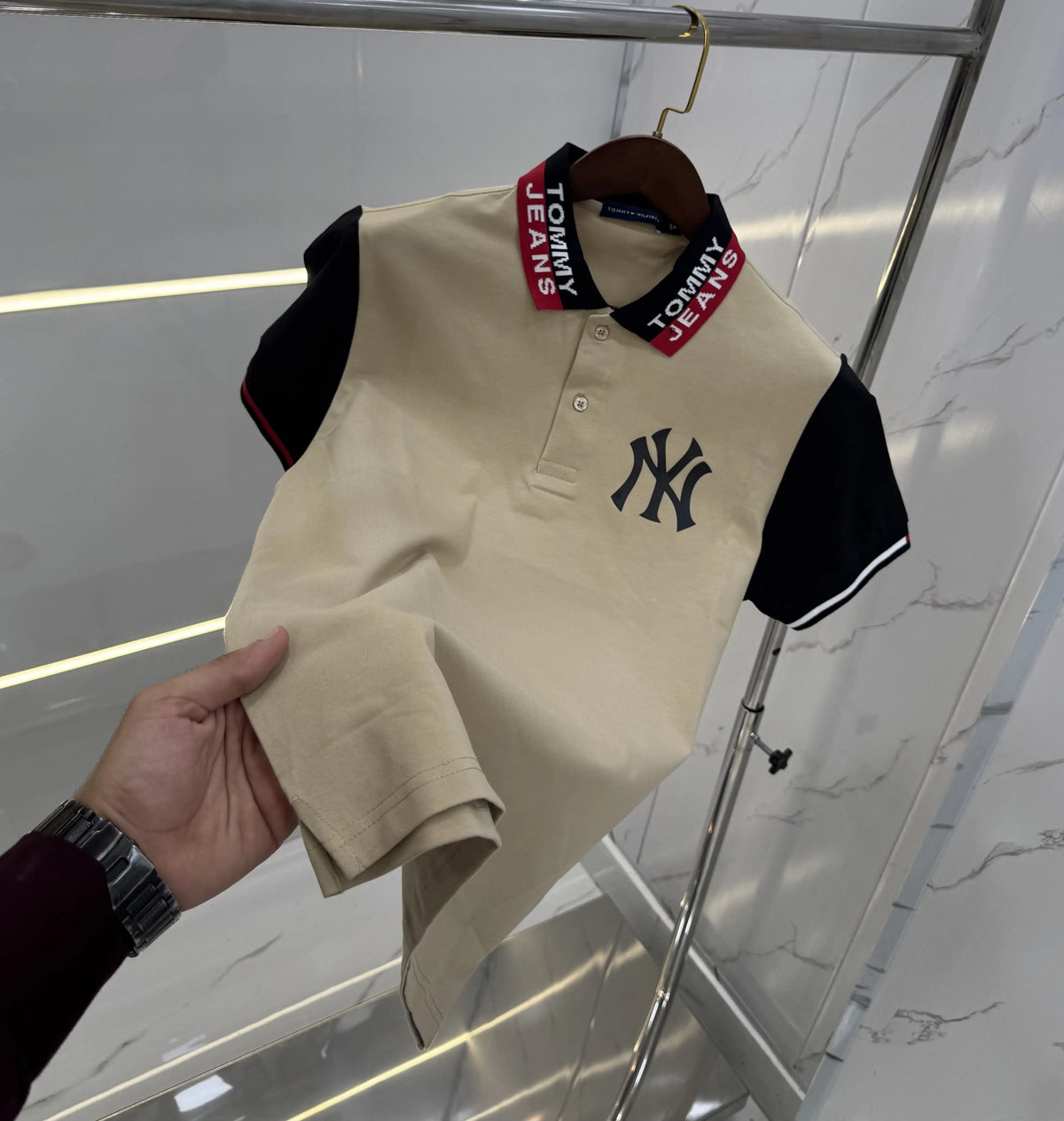 Tommy Hilfige r Beige Logo Work  Premium Polo T-Shirt