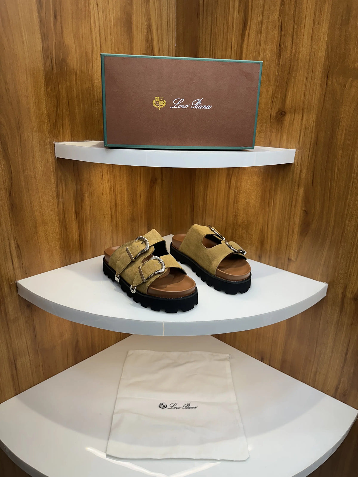 Loro_Piana Tan Double Strap Luxury Slide