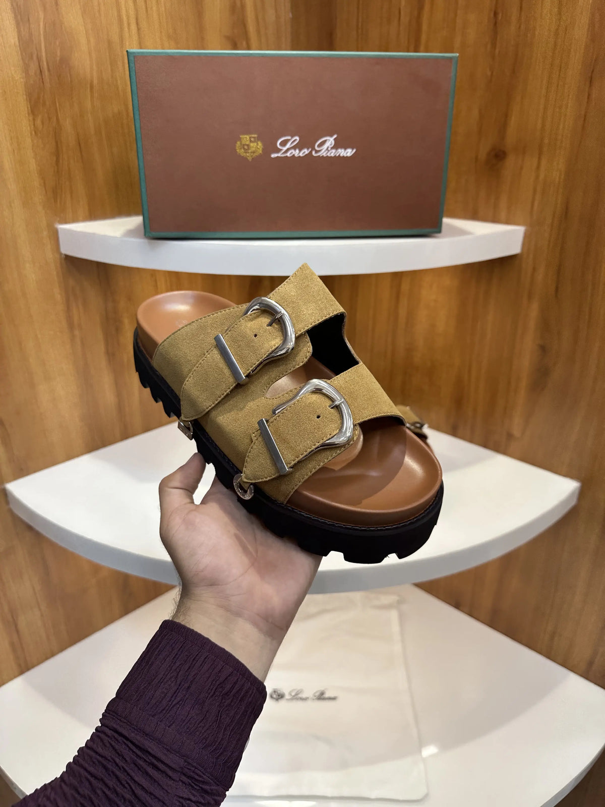 Loro_Piana Tan Double Strap Luxury Slide