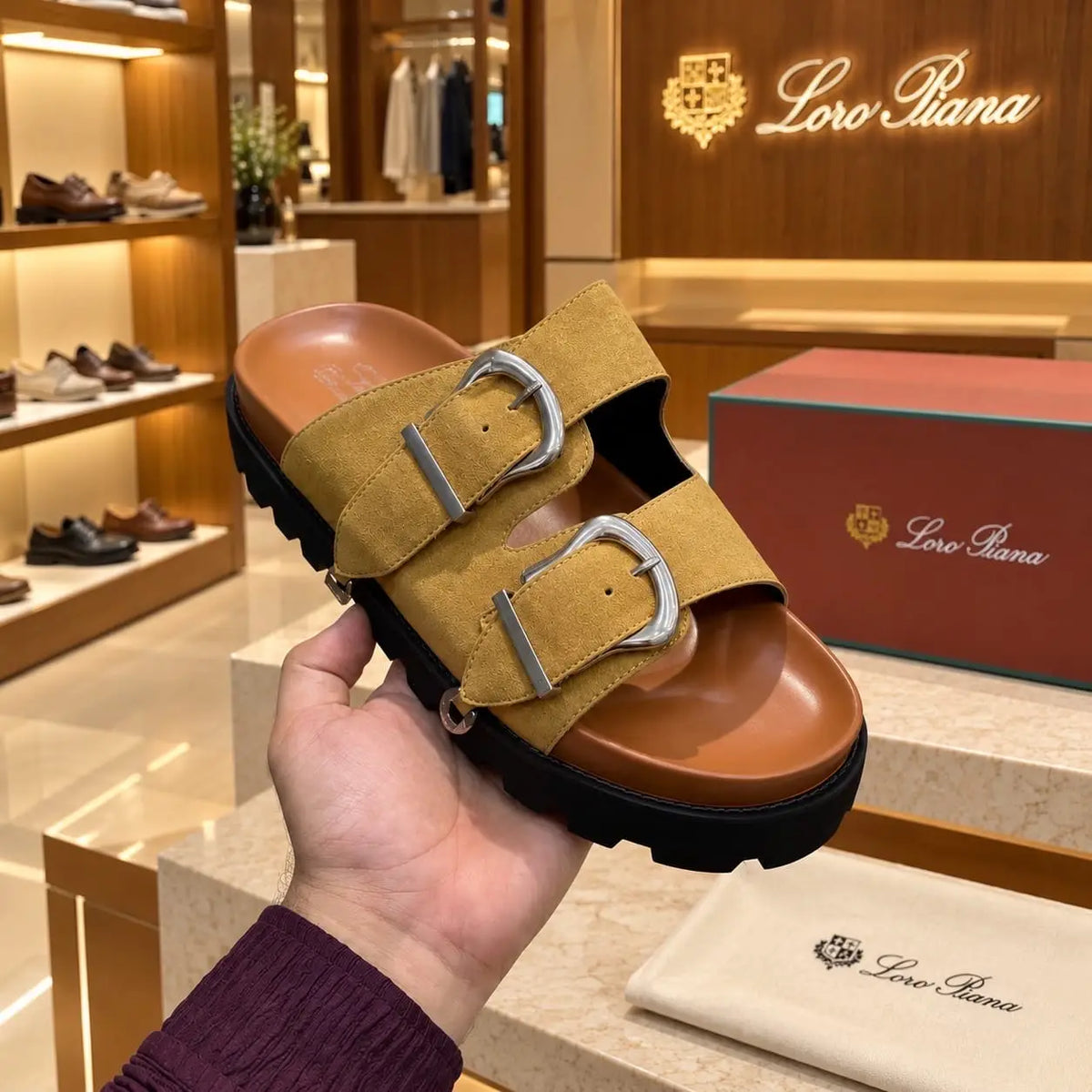 Loro_Piana Tan Double Strap Luxury Slide