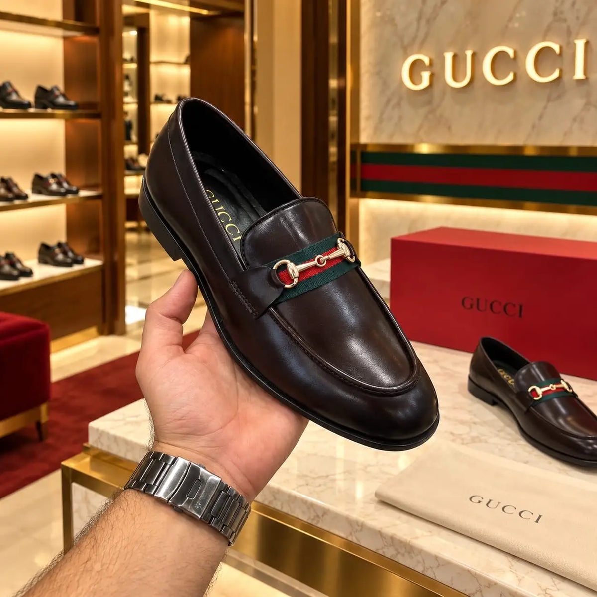 Gucci_Brown Metal Buckle Premium Leather Formal Loafers