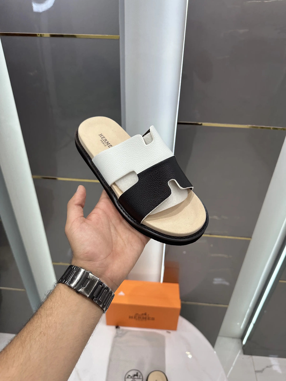Hermes_Cream Black White Izmir Premium Luxury Slide For Men