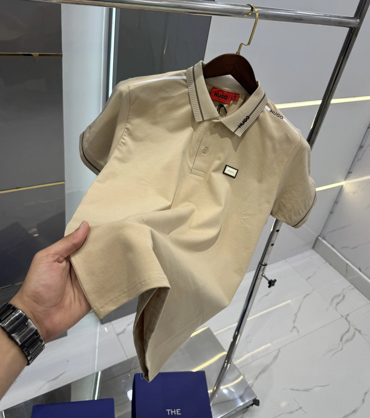 Hugo Bos s Beige Embroidery Work Premium Polo T-shirt With Box