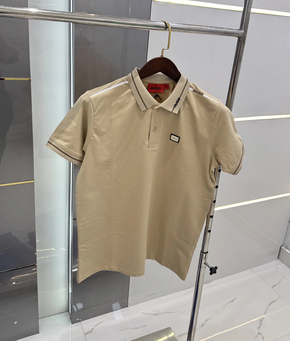 Hugo Bos s Beige Embroidery Work Premium Polo T-shirt With Box