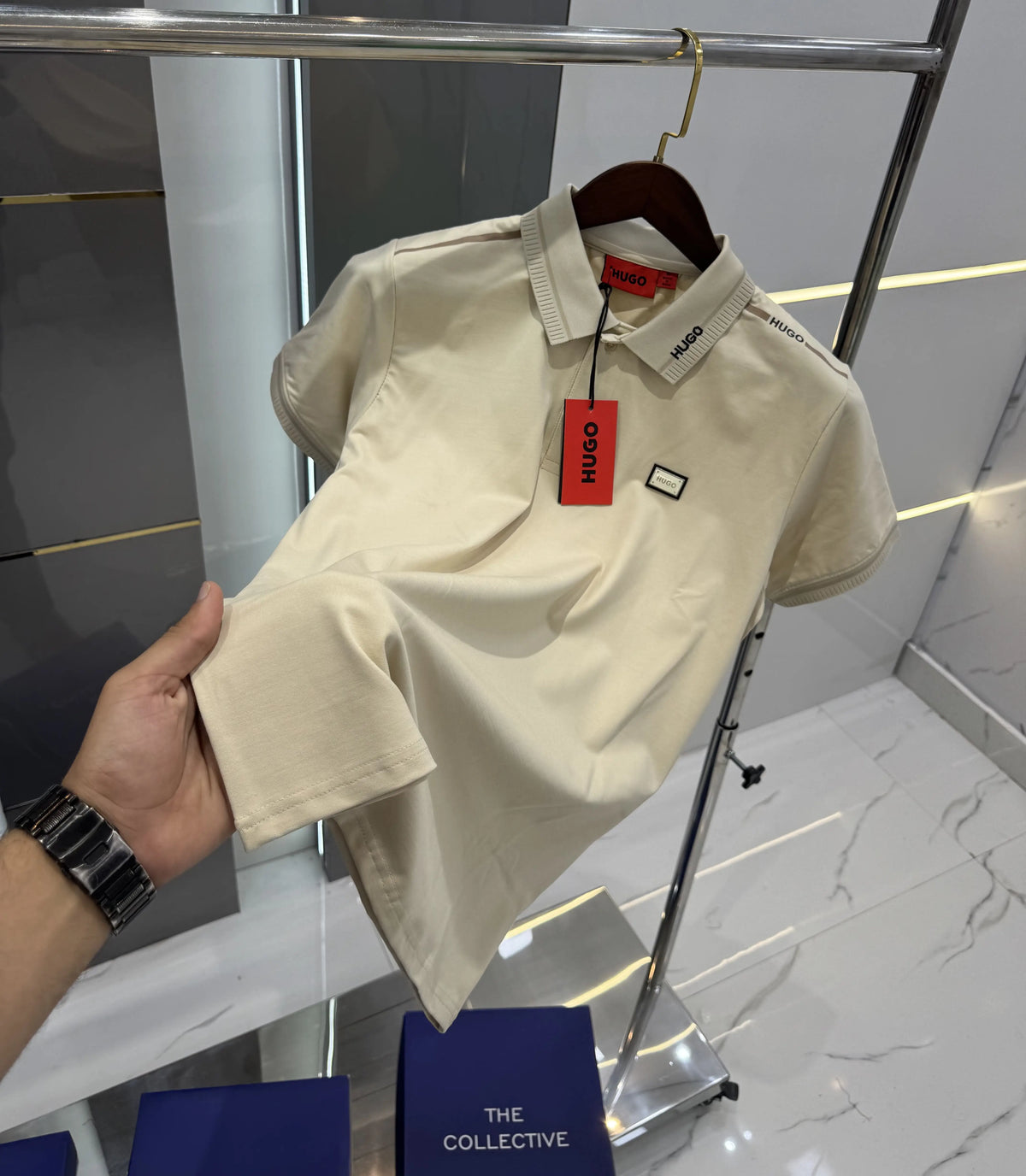 Hugo Bos s Cream Embroidery Work Premium Polo T-shirt With Box