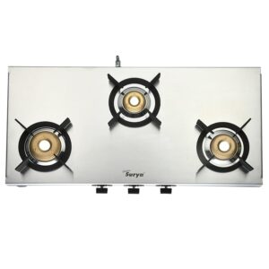GOLDEN SURYA Heavy Forged Brass 3 Burner Manual Ignition Gas Stove | Premium Stainless Steel Body-ISI certified - 18 Months Warranty | 3 Burner Gas Stove (FORGED 3 BURNER)